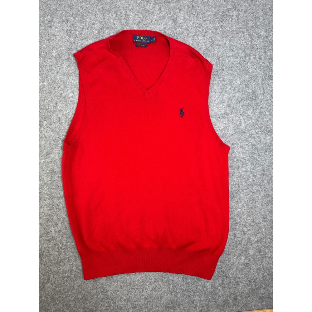 Polo Ralph Lauren Mens Red Pima Cotton V-Neck Sweater Vest Large Navy Pony Logo